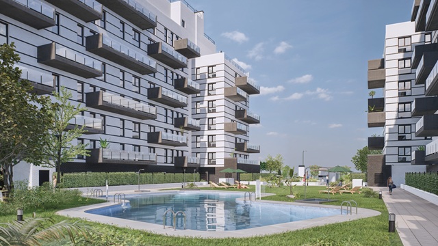 Vista de la piscina y la fachada